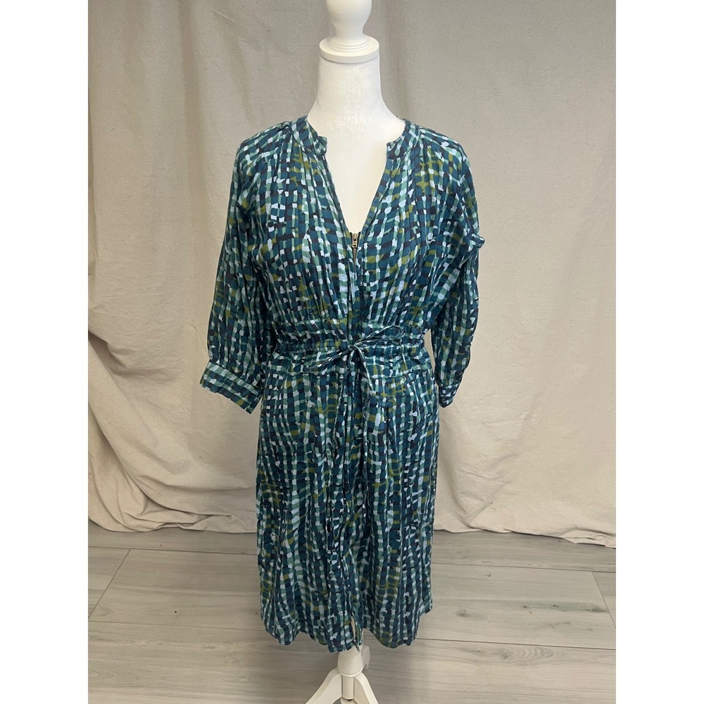 Little Journeys Chicago Cotton Midi Dress Sz S Blue Green Zip Front Tie Waist